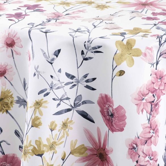 Nappe antitache ronde - Diamètre 180 cm - Fleurs roses, grises et jaunes