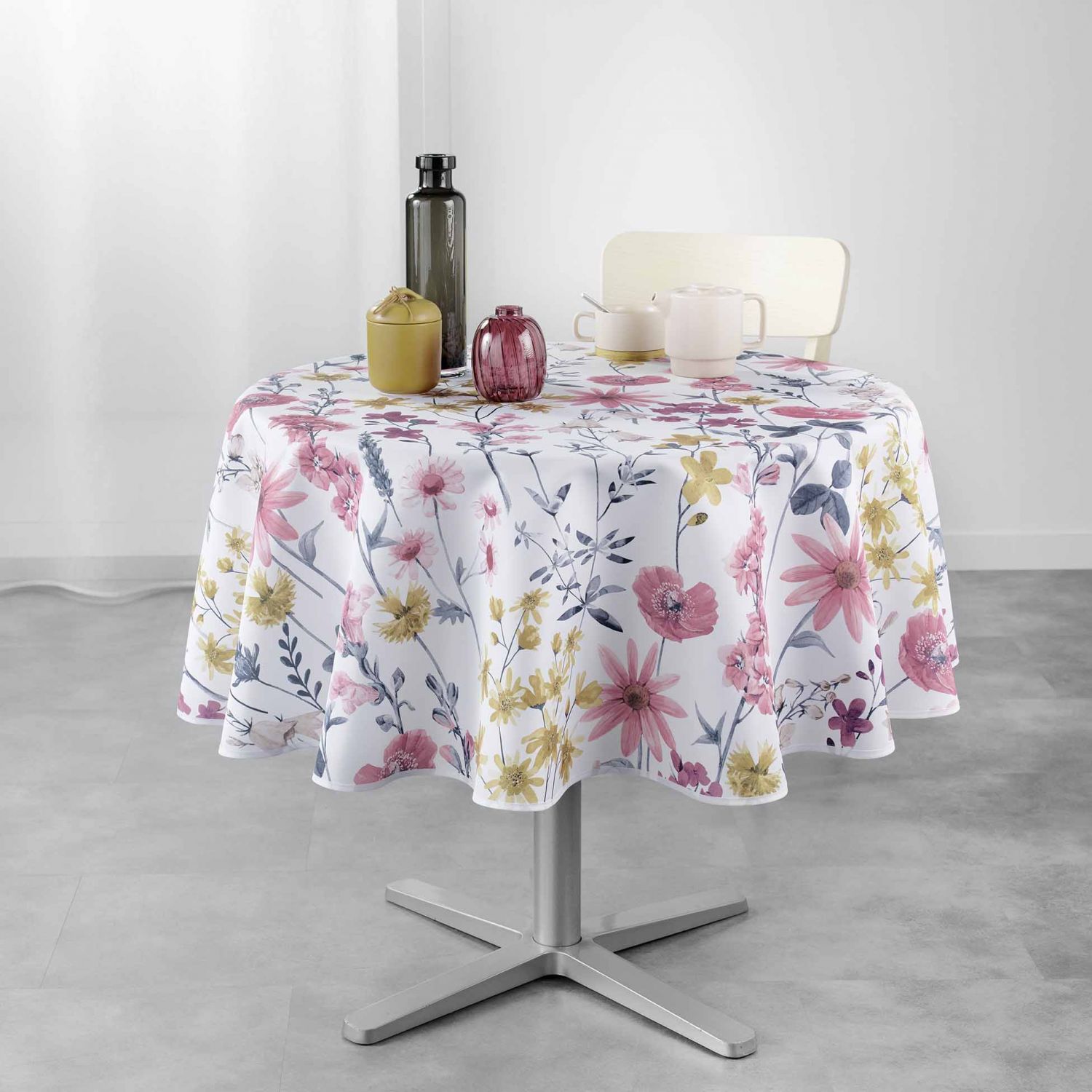 Nappe antitache ronde - Diamètre 180 cm - Fleurs roses, grises et jaunes