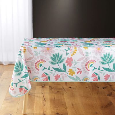 Nappe antitache rectangulaire - 150 x 240 cm - Fleurs roses, vertes et jaunes