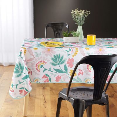 Nappe antitache rectangulaire - 150 x 240 cm - Fleurs roses, vertes et jaunes