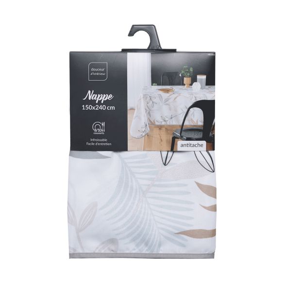 Nappe enduite Feuilles gris beige anti-tache Fleur de Soleil