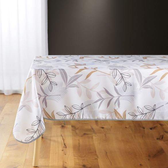 Nappe antitache rectangulaire - 150 x 240 cm - Feuillage beige, gris et blanc