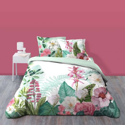 Housse de couette 220x240 cm - 57 fils - Fleurs vertes, roses et blanches