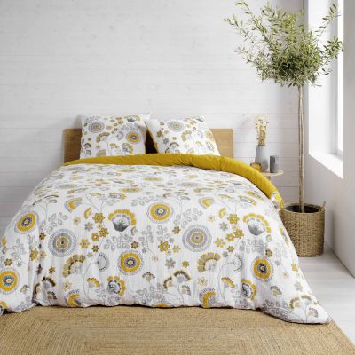 Housse de couette 240x260 cm + taies - Gaze de coton - Fleurs jaunes et grises