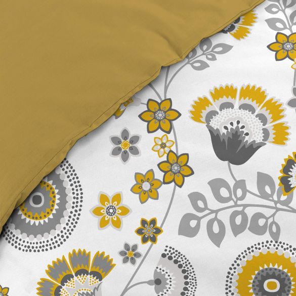 Housse de couette 240x260 cm + taies - Gaze de coton - Fleurs jaunes et grises