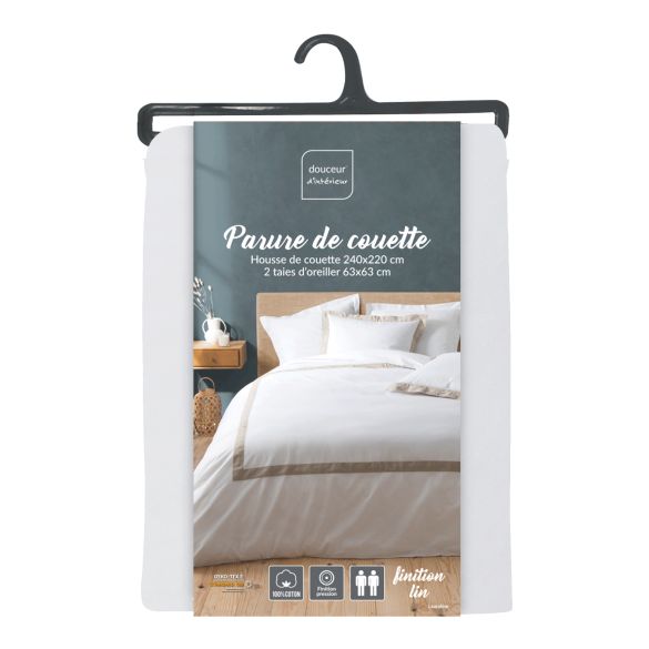 Housse de couette 220x240cm + taies - 57 fils - Uni Blanc, cadre Lin