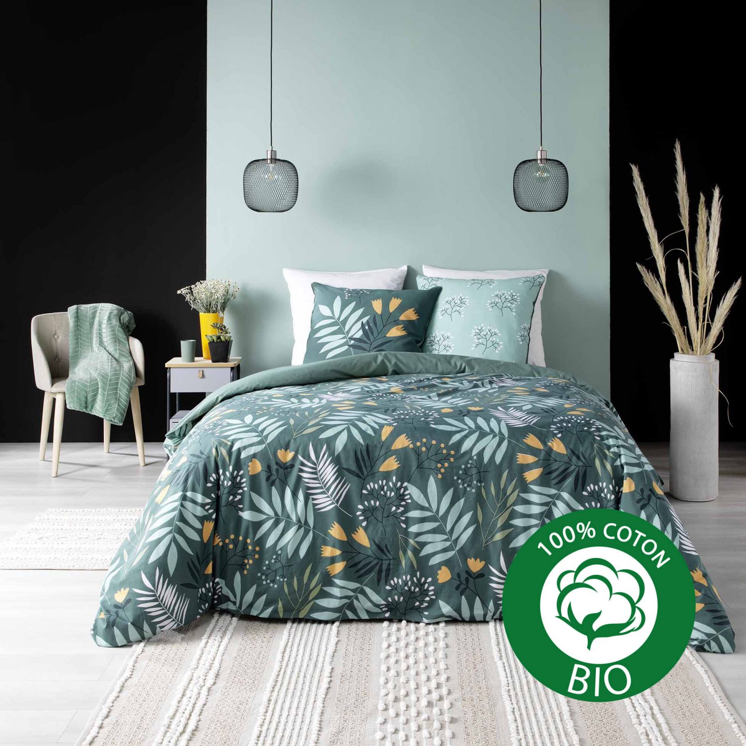 Housse de couette 220x240 cm + taies - Coton bio - Ambiance fleurie vert