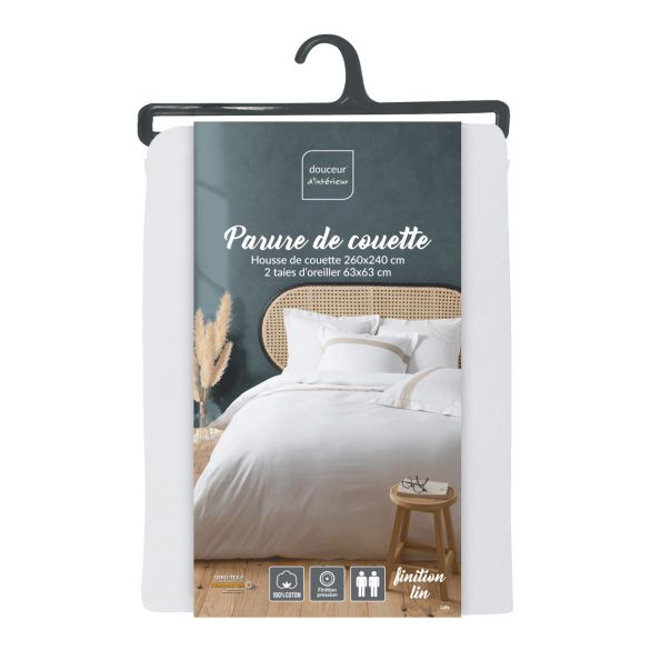 Housse de couette 240x260cm + taies - 57 fils - Uni Blanc, finition Lin