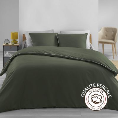 Housse de couette - 240x260 cm + taies - Percale - Vert kaki - 78 fils - Uni