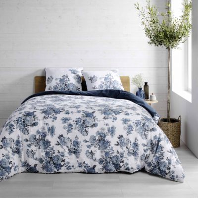 Housse de couette 240x260 cm + taies - Gaze de coton - Roses bleues