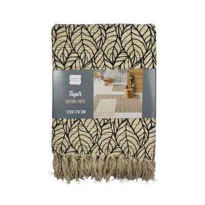 Tapis déco en jute avec franges - 120x170 cm - Imprimé feuilles