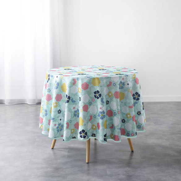 Nappe antitache ronde - Diamètre 180 cm - Fleurs colorées sur fond menthe