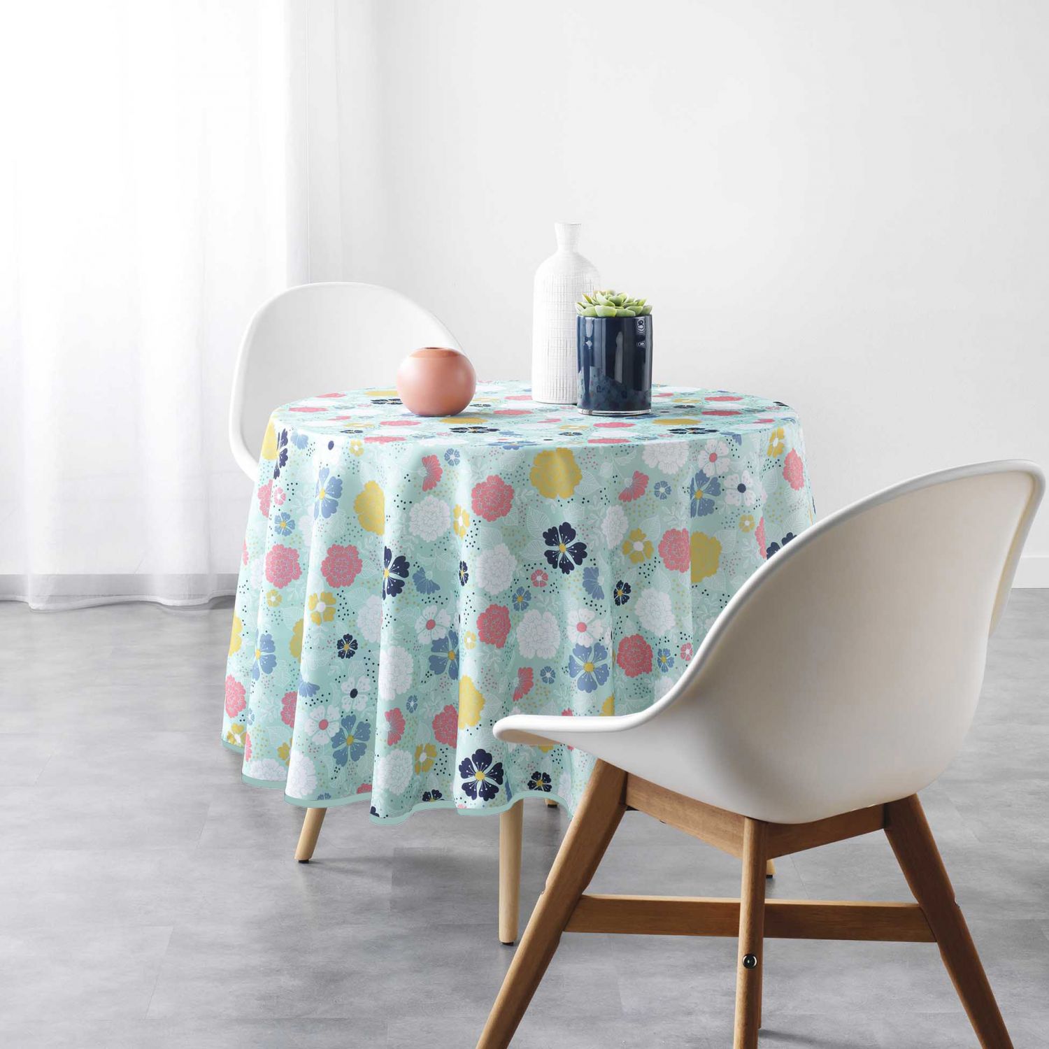 Nappe antitache ronde - Diamètre 180 cm - Fleurs colorées sur fond menthe