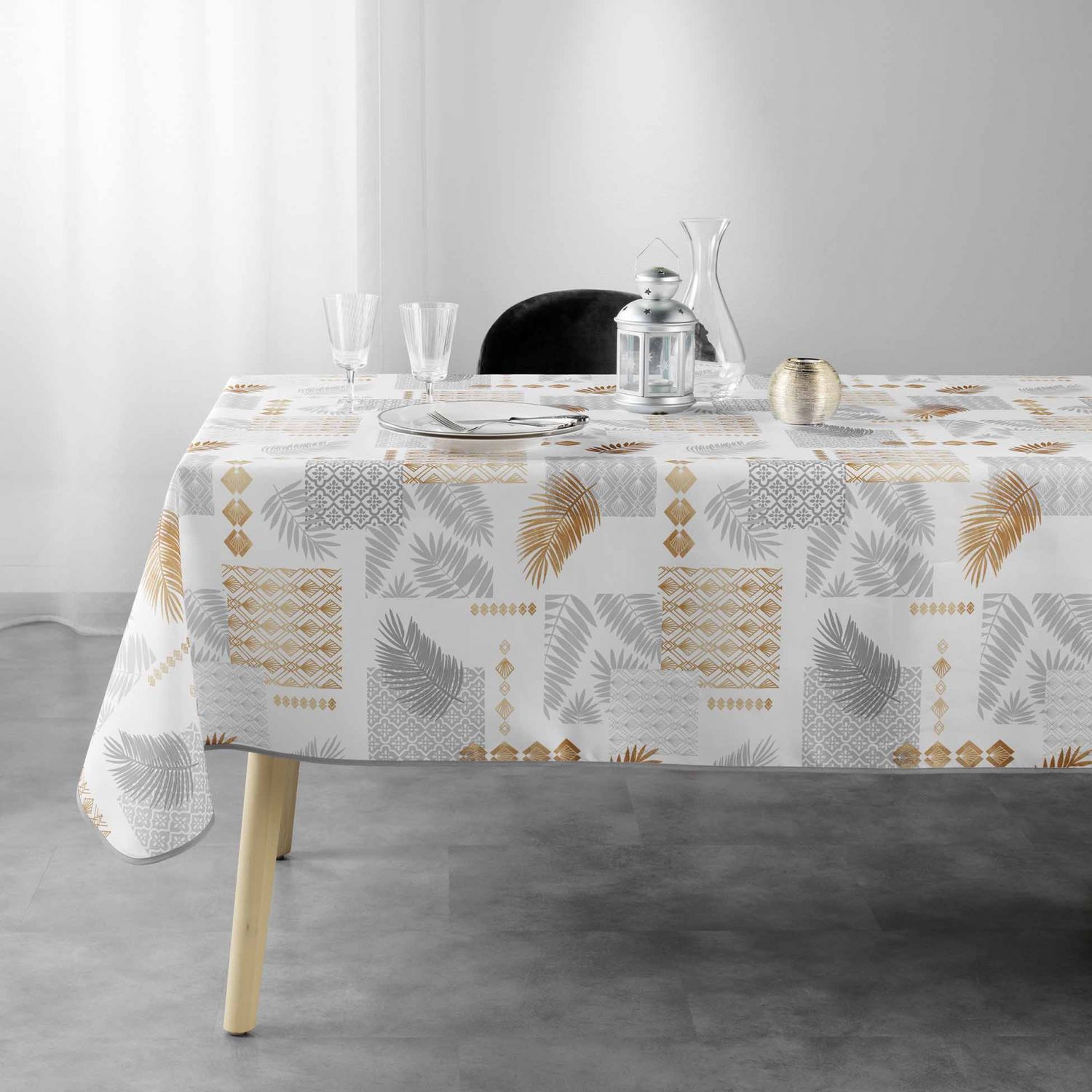 Nappe antitache rectangle - 150x300 cm - Feuillage et motifs grahiques blanc, or et gris