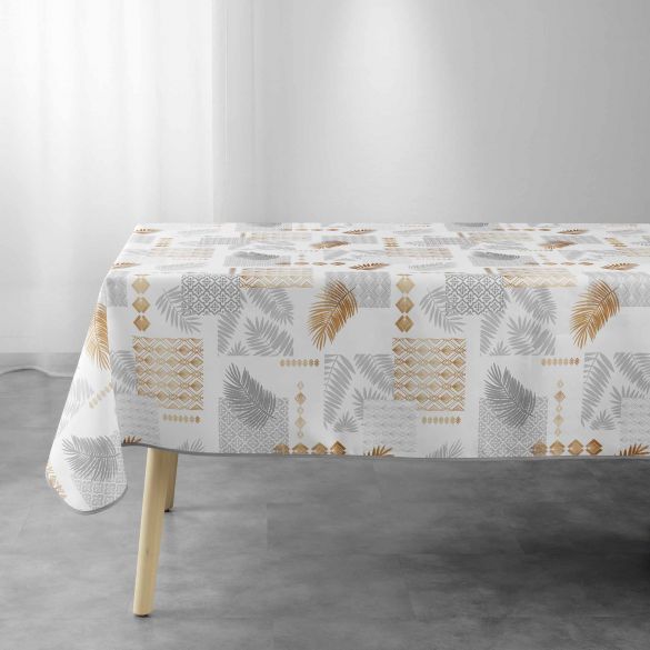 Nappe antitache rectangle - 150x300 cm - Feuillage et motifs grahiques blanc, or et gris