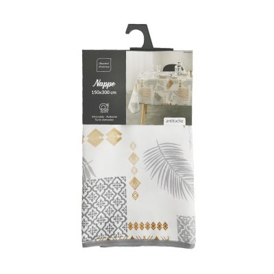 Nappe antitache rectangle - 150x300 cm - Feuillage et motifs grahiques blanc, or et gris