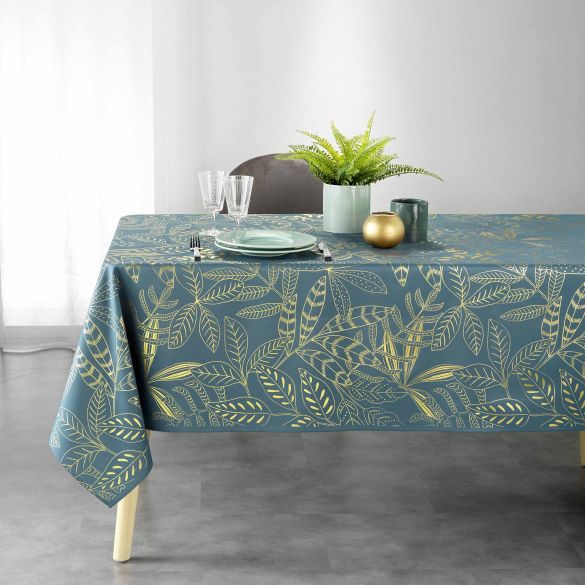 Nappe antitache rectangle - 150x300 cm - Feuillage doré métallisé sur fond bleu