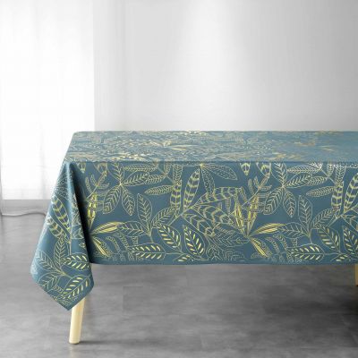 Nappe antitache rectangle - 150x300 cm - Feuillage doré métallisé sur fond bleu