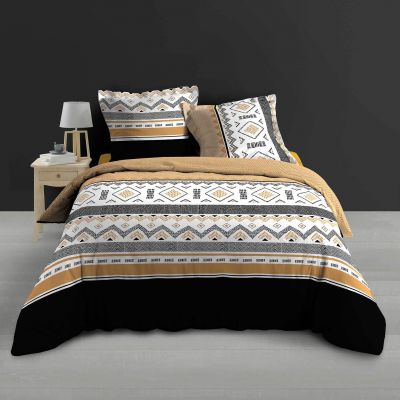 Housse de couette 220x240 cm + taies - Percale - Formes graphique noir, camel et blanc