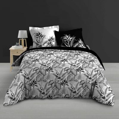 Housse de couette 220x240 cm + taies - Percale - Feuillage tropical Noir et Blanc