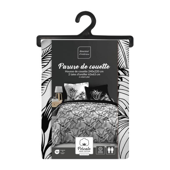Housse de couette 220x240 cm + taies - Percale - Feuillage tropical Noir et Blanc