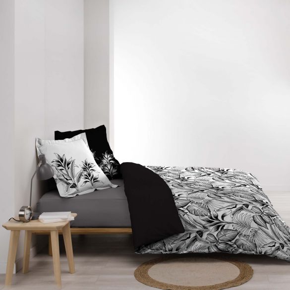 Housse de couette 240x260 cm + taies - Percale - Feuillage tropical noir et blanc