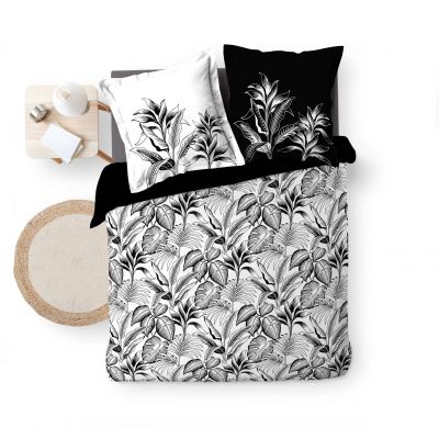 Housse de couette 240x260 cm + taies - Percale - Feuillage tropical noir et blanc