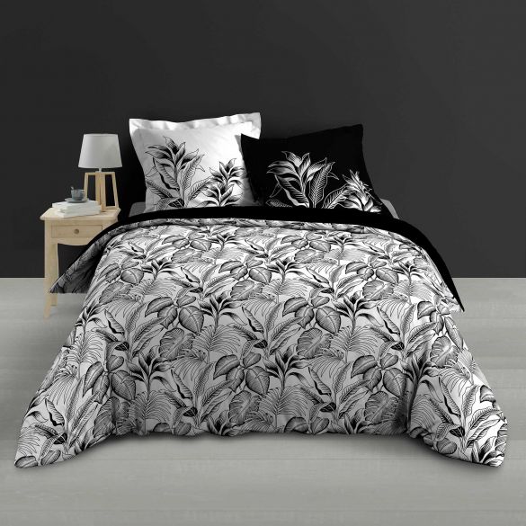 Housse de couette 240x260 cm + taies - Percale - Feuillage tropical noir et blanc