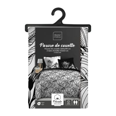 Housse de couette 240x260 cm + taies - Percale - Feuillage tropical noir et blanc