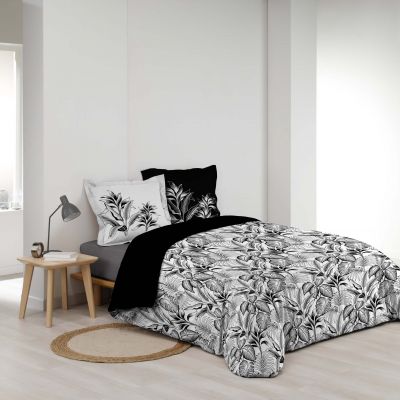 Housse de couette 240x260 cm + taies - Percale - Feuillage tropical noir et blanc