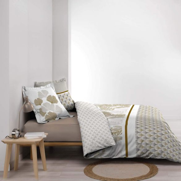 Housse de couette 220x240 cm + taies - Percale - Feuillage blanc et beige