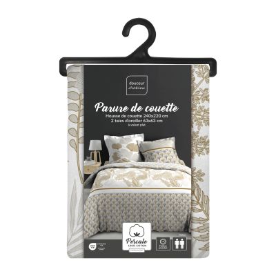 Housse de couette 220x240 cm + taies - Percale - Feuillage blanc et beige