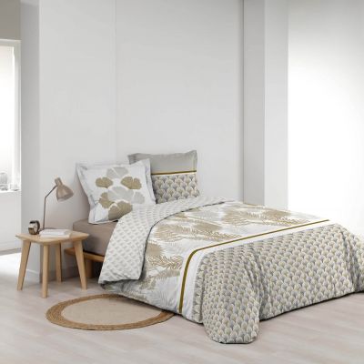 Housse de couette 220x240 cm + taies - Percale - Feuillage blanc et beige