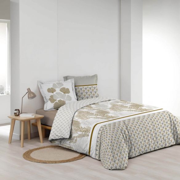 Housse de couette 240x260 cm + taies - Percale - Feuillage blanc et beige