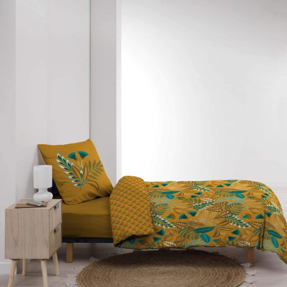 Housse de couette 140x200 cm - Feuillage coloré sur fond moutarde
