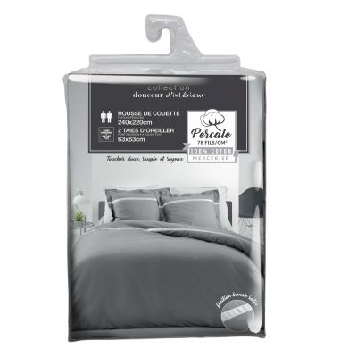 Housse de couette - 220 x 240 cm + taies - Percale - Gris -78 fils - Uni