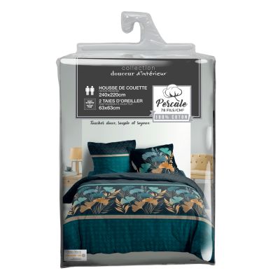 Housse de couette - 240 x 220 cm + taies - Percale 78 fils - Ginkgo bleu