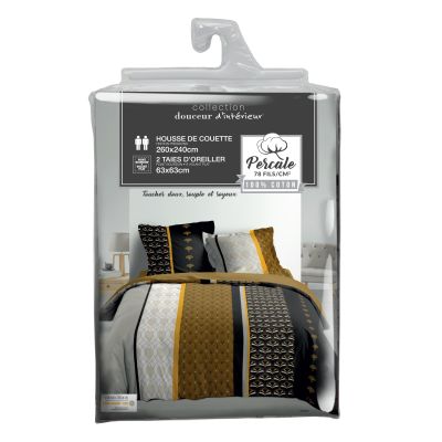 Housse de couette - 260 x 240 cm + taies - Percale 78 fils - Motifs graphiques noir, moutarde et gris