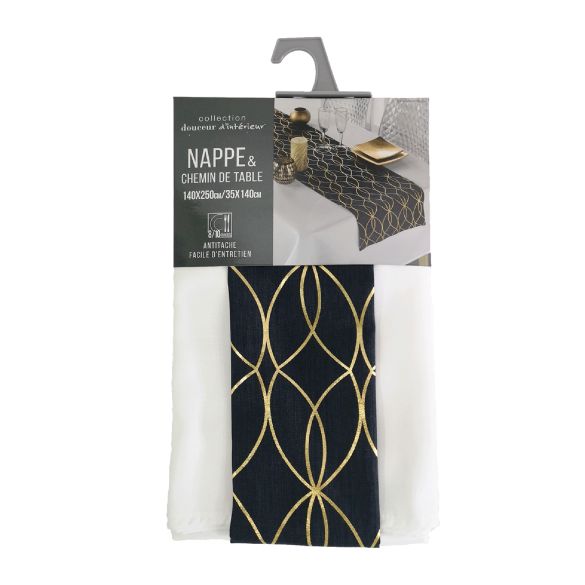 Nappe blanche rectangle + Chemin de table noir motifs dorés