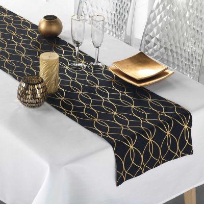 Nappe blanche 140 x 250 cm + Chemin de table noir motifs dorés