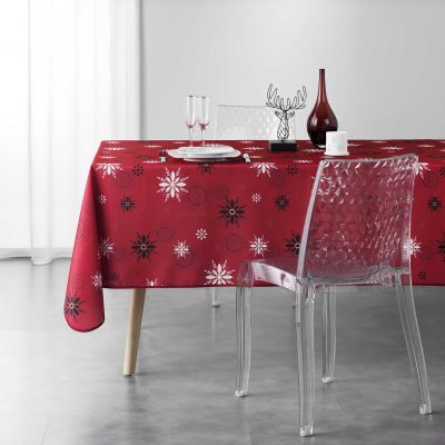 Nappe antitache rectangulaire - 150 x 300 cm - Flocons - Fond rouge