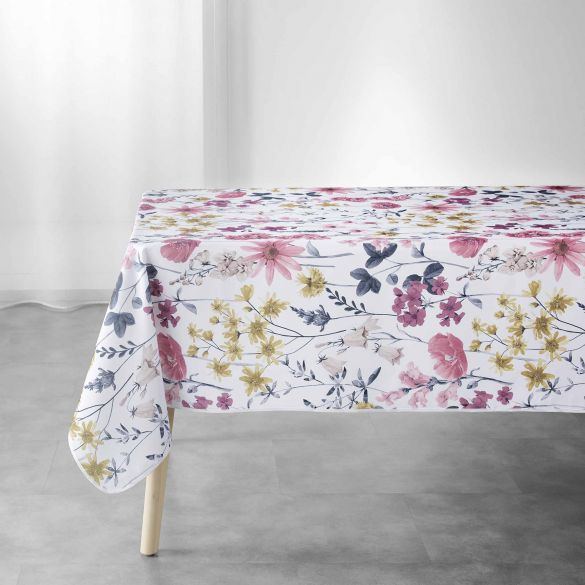 Nappe antitache rectangulaire - 150 x 240 cm - Fleurs roses, grises et jaunes