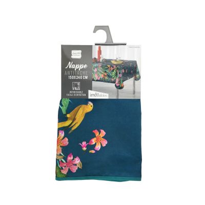 Nappe antitache rectangulaire - 150 x 240 cm - Fleurs, perroquets & papillons - Bleu