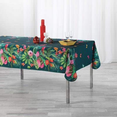 Nappe antitache rectangulaire - 150 x 240 cm - Fleurs, perroquets & papillons - Bleu