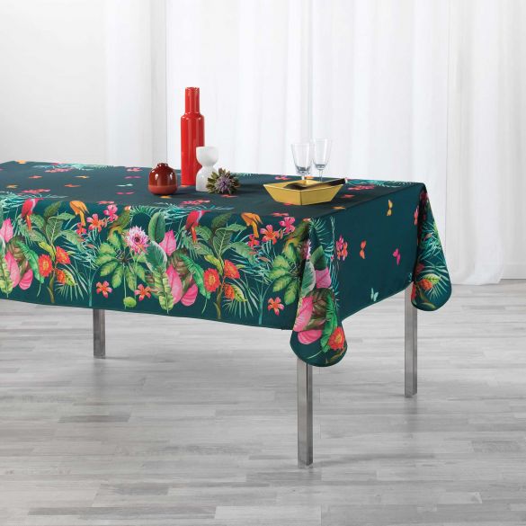 Nappe antitache rectangulaire - 150 x 240 cm - Fleurs, perroquets & papillons - Bleu