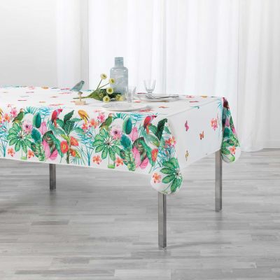 Nappe antitache rectangulaire - 150 x 240 cm - Fleurs, perroquets & papillons - Blanc