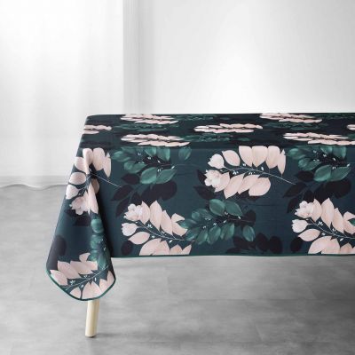 Nappe antitache rectangulaire - 150 x 200 cm - Feuilles et fleurs bleues et roses - Fond bleu