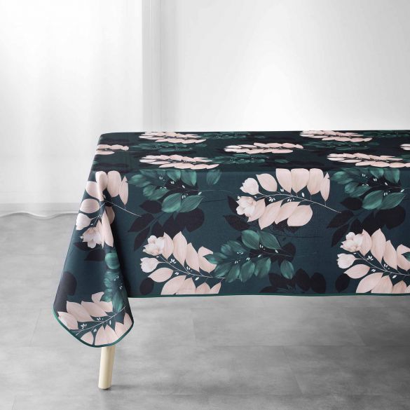 Nappe antitache rectangulaire - 150 x 200 cm - Feuilles et fleurs bleues et roses - Fond bleu