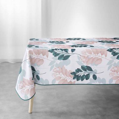 Nappe antitache rectangulaire - 150 x 200 cm - Feuilles et fleurs bleues et roses - Fond blanc