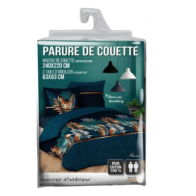 Housse de couette - 220x240 cm + taies - Feuillage bleu et cuivre